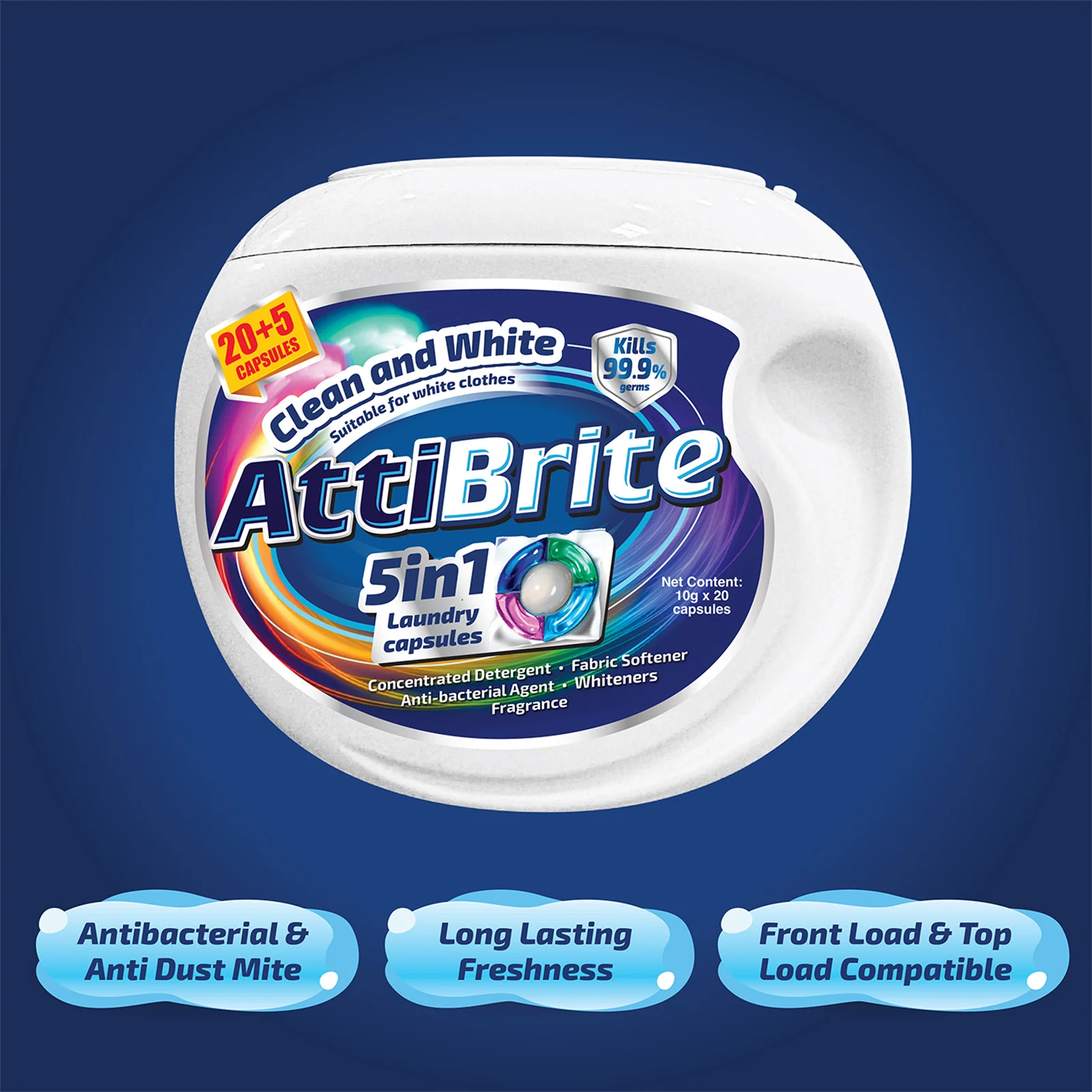 Attibrite Laundry Capsules Clean & White 10g x 20 - Image 3