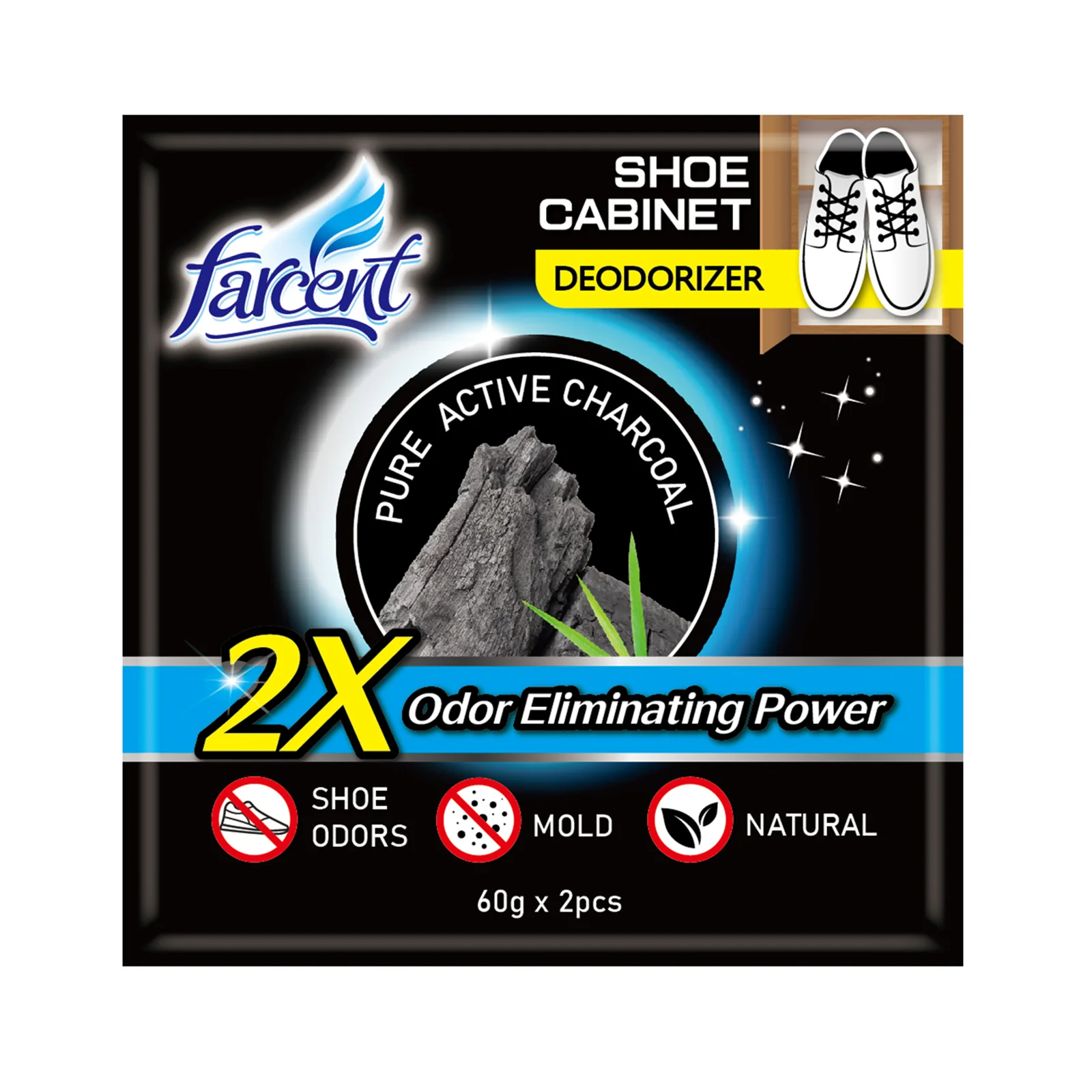 Farcent Charcoal Shoes Cupboard Deodorizer 60g x 2 - Image 2