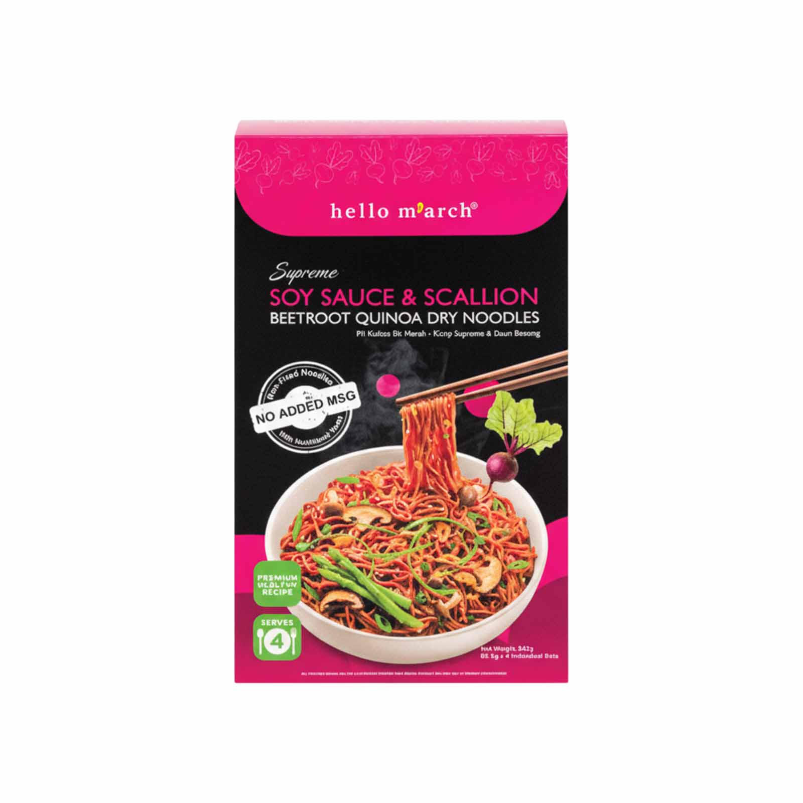 Hello M'arch Supreme Soy Sauce & Scallion Beetroot Quinoa Dry Noodles 342g - Image 2