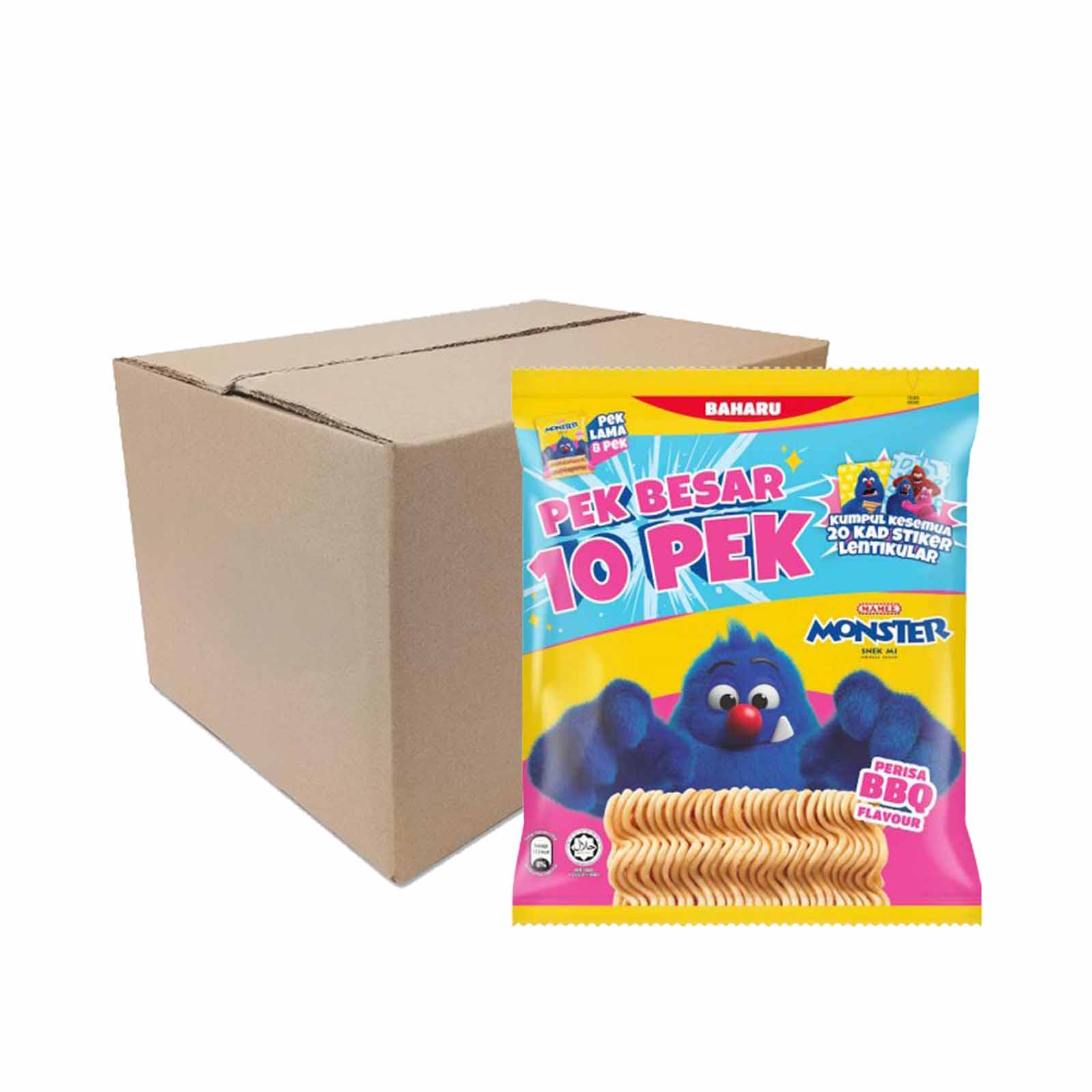 Mamee Monster Noodle Snacks BBQ Flavour Family Pack 20g x 10 - Image 2